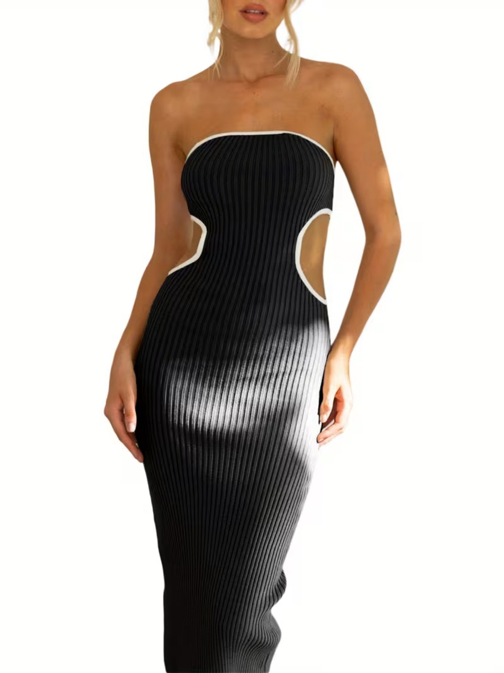 Blue Blush Strapless Black Ribbed Cutout Maxi Dress with Cream Trim